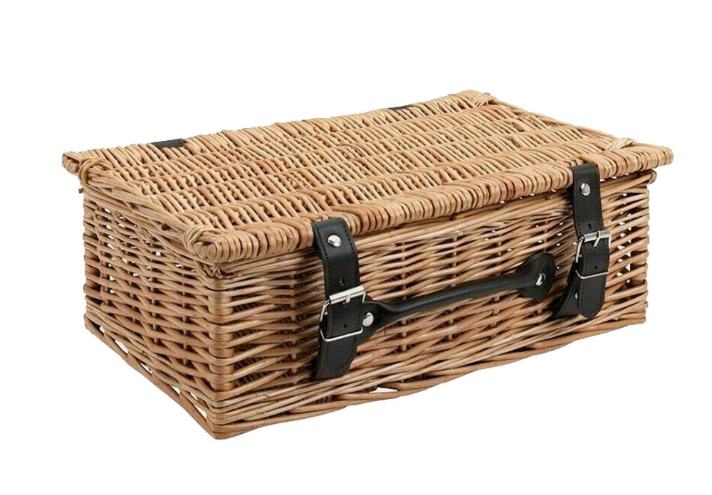 a 14 inch Wicker Basket in natural colours with faux leather straps and a carry handle