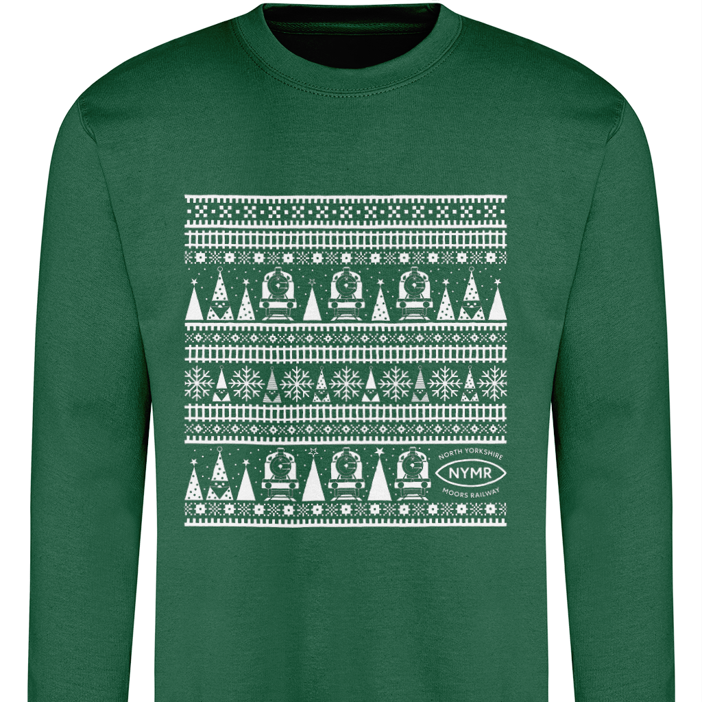 A green crew neck sweatshirt with a white and green Christmas-themed pattern design.