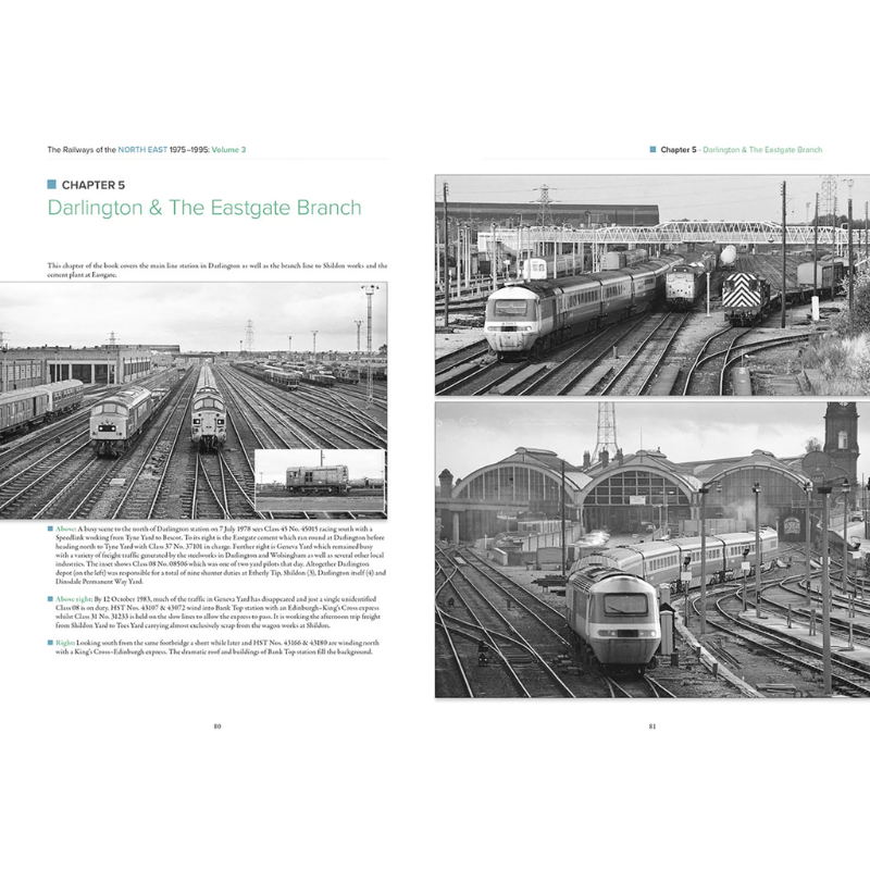 A two-page spread showing Chapter 5 Darlington & The Eastgate Branch with text and 3 black and white images.
