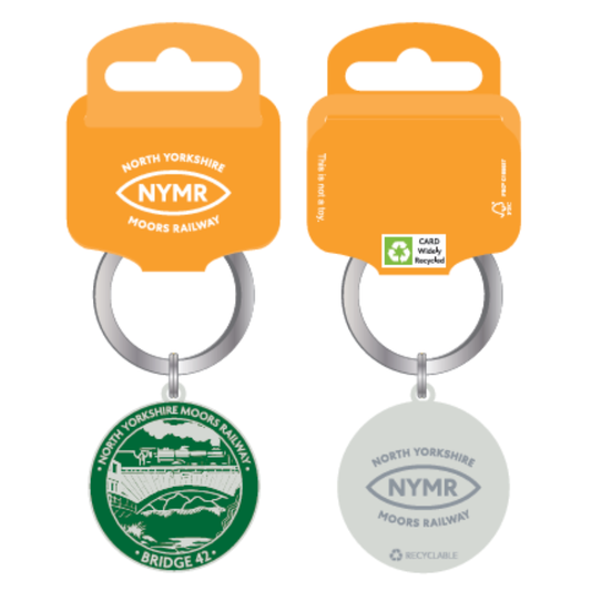 Two orange card keyring tags with metal keyrings, shown front and back. The front design has a green design of Bridge 42 and there is the NYMR logo on the back.