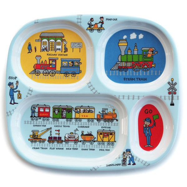 A melamine plate with pressed compartments to separate food. Curvy and cheery and covered in trains!