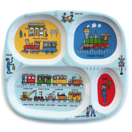 A melamine plate with pressed compartments to separate food. Curvy and cheery and covered in trains!