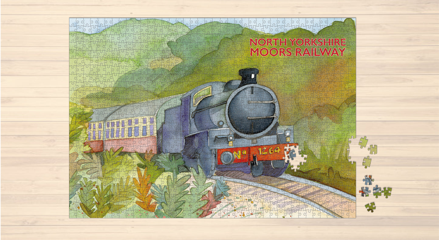 An image showing the jigsaw nearly complete, with just a few pieces remaining to be added on the table nearby.