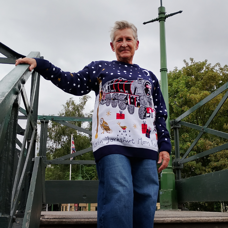 A woman stands on a green metal bridge wearing a navy and white Christmas-themed knitted jumper with a train design and the text 'North Yorkshire Moors Railway'.