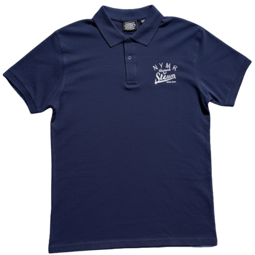 Navy blue polo shirt with white logo on a white background