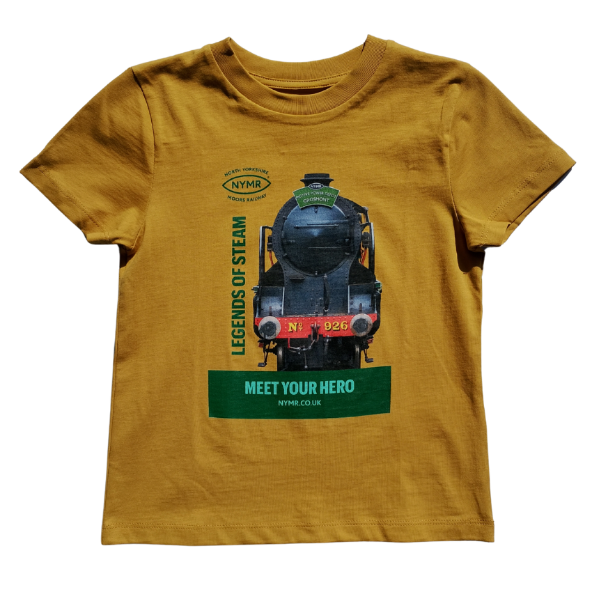 Mustard yellow t-shirt with a steam locomotive graphic and text on a white background
