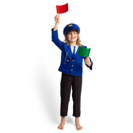 Chile wearing dress up jacket and hat and waving a red and green flag