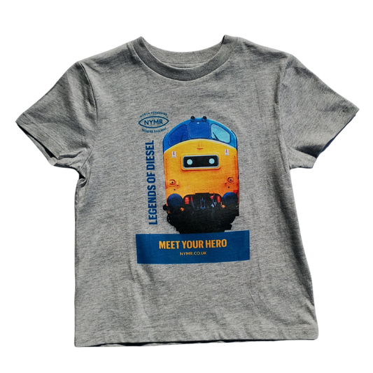 Gray t-shirt with a train graphic of a Class 37 diesel locomotive and text on a white background