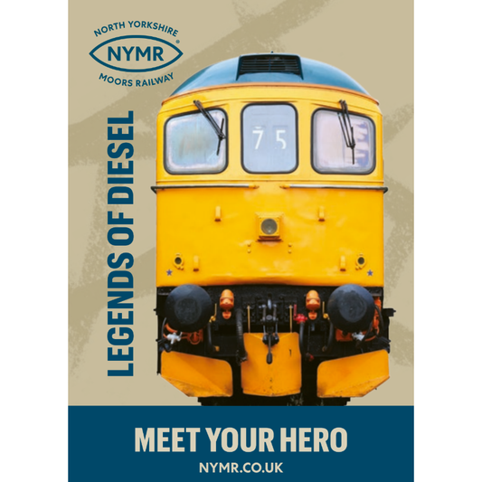 Yellow diesel locomotive with 'NORTH YORKSHIRE NYMR' branding on a beige background