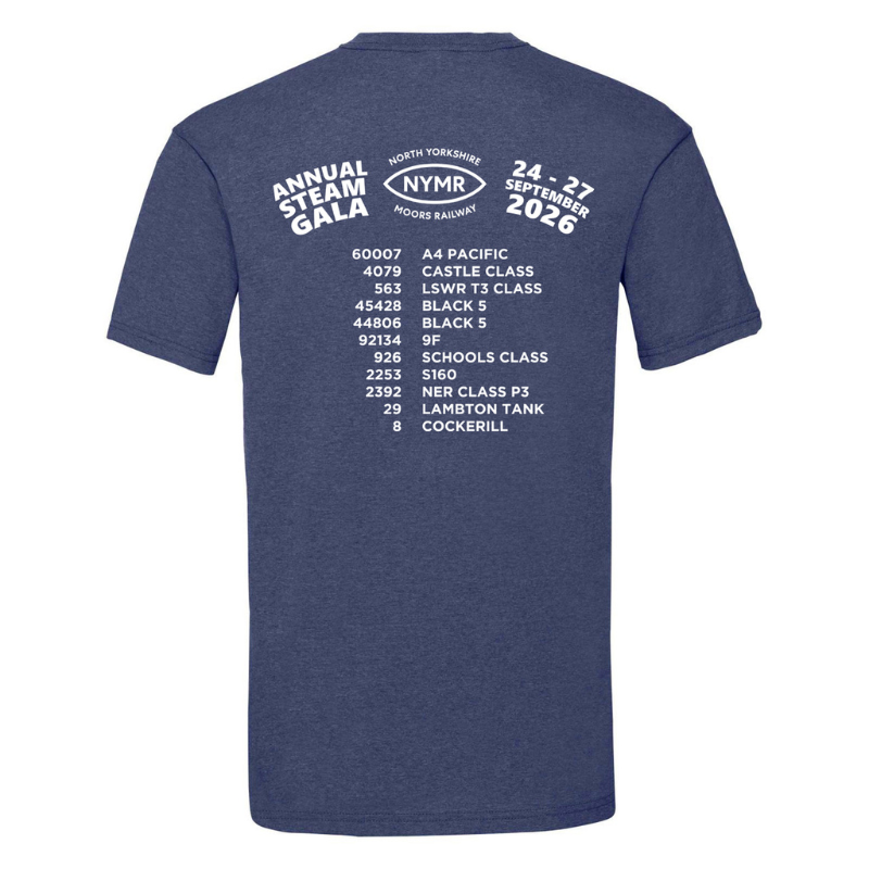 A heather navy blue t-shirt shown from the back, featuring a white printed graphic for the Annual Steam Gala at North Yorkshire Moors Railway in 2026.