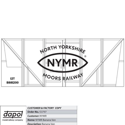 Technical drawing of a North Yorkshire Moors Railway (NYMR) banana van with branding and specifications.