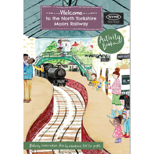 Front cover of Welcome to the North Yorkshire Moors Railway Activity Book with child's painting of Pickering Station
