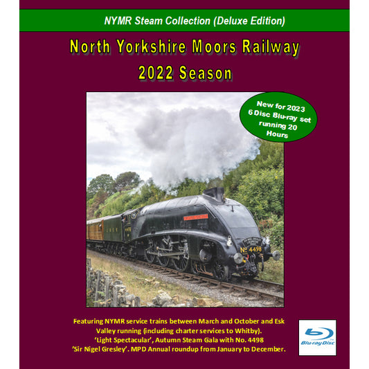 Front cover of the BLu Ray showing the title and a photo of the locomotive No 4498 Sir Nigel Gresley in black livery on the NYMR