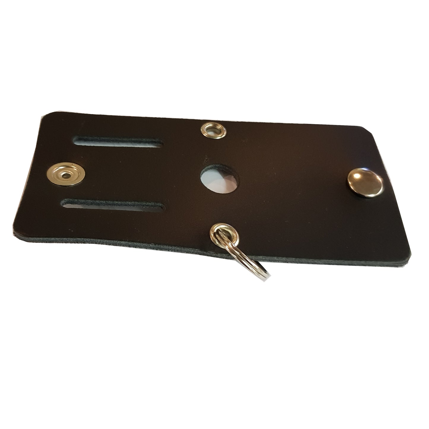 Open black leather carriage key holder with press stud and key ring