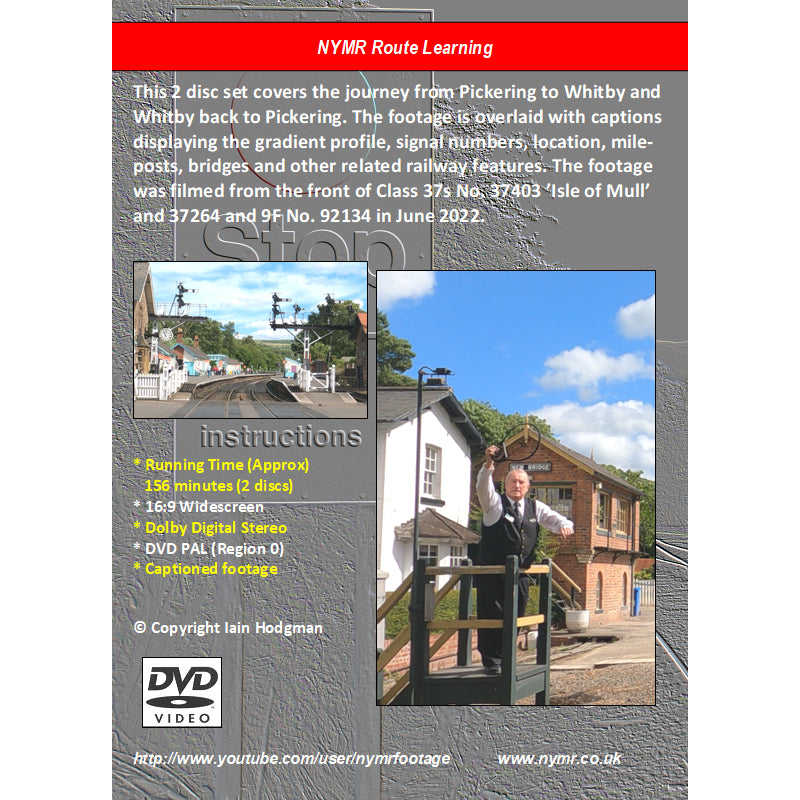 Grey back of DVD with photos of Grosmont Crossing and man waiting to hand over token. N Y M R Route Learning printed on red stripe at top and various information and instructions printed in white.