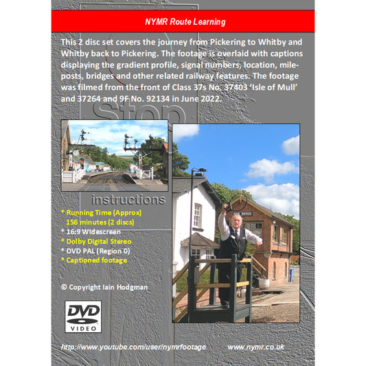 Grey back of DVD with photos of Grosmont Crossing and man waiting to hand over token. N Y M R Route Learning printed on red stripe at top and various information and instructions printed in white.