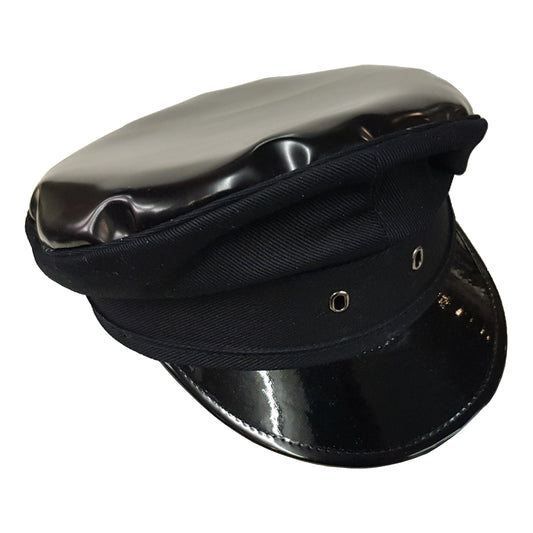 Black cap with shiny top and peak.