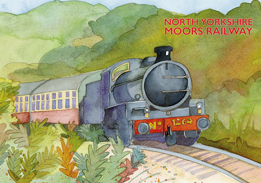 Jigsaw box with Emma Ball painting of steam train travelling through countryside and North Yorkshire Moors Railway printed in red.