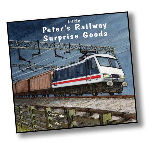 Square book with painting of electric train. Little Peter's Railway Surprise Goods.