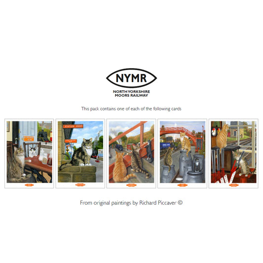 White square front of multipack of five cards with paintings of cats in various station pictures from original paintings by Richard Piccaver.