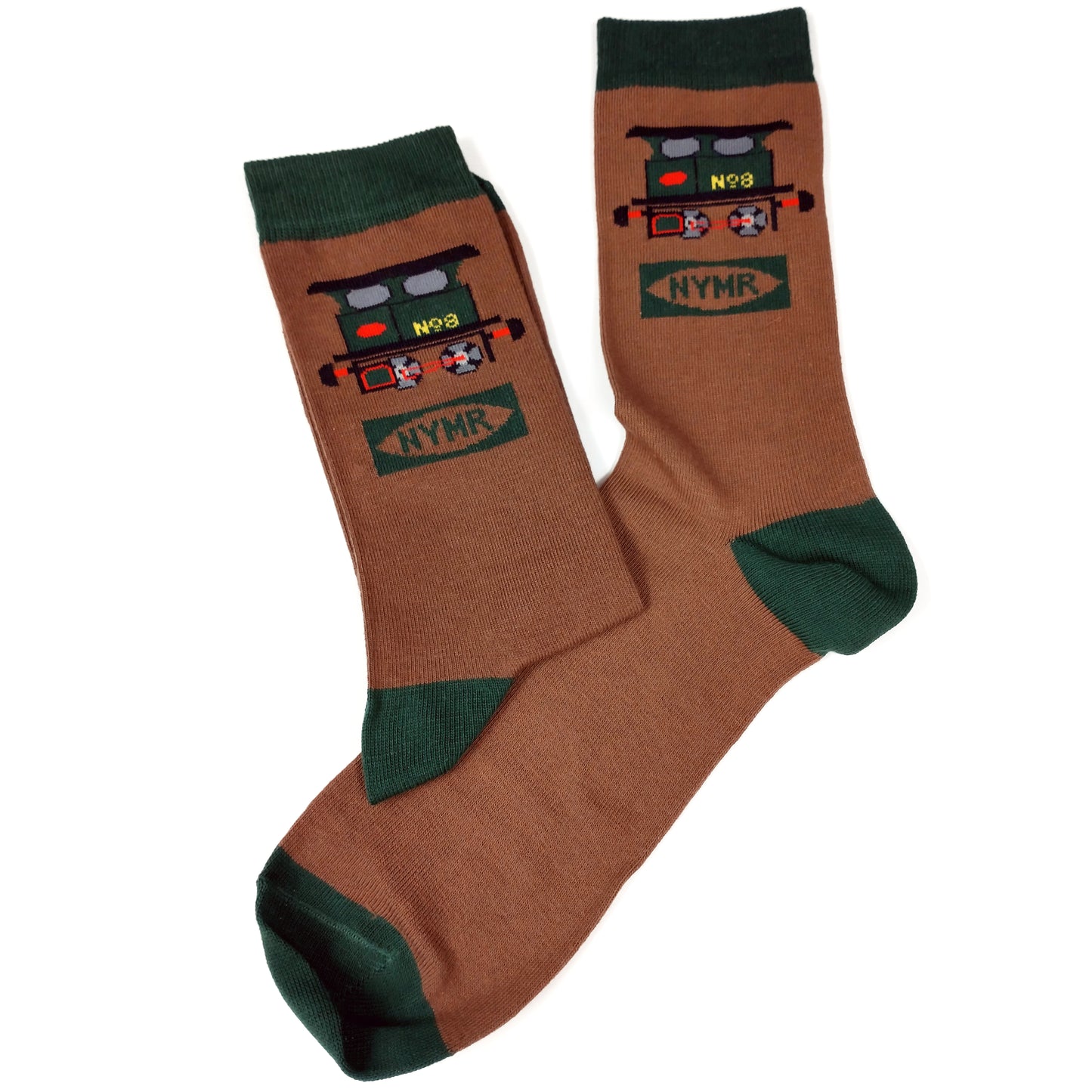 Brown socks with green tops, toes and heels and coloured design of Lucie with a green N Y M R logo.