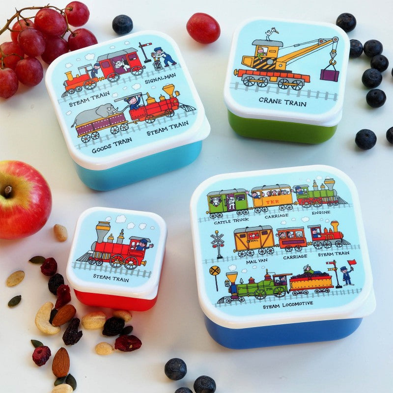 Set of four square assorted plastic lidded picnic boxes, one blue, one green, one dark blue and one red. With children's pictures of steam trains and various carriages on the lids.