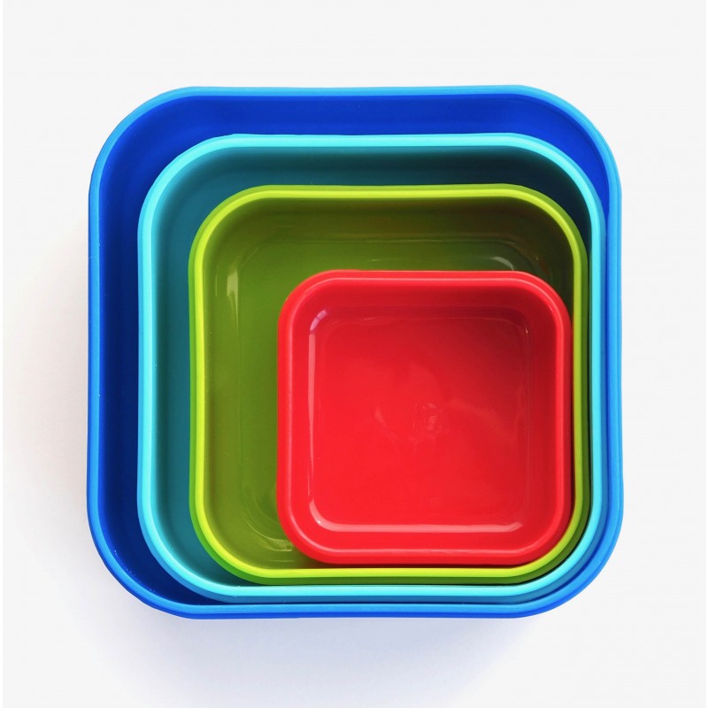 Picture of the square boxes without the lids stacked inside each other. Largest is darker blue, then light blue, green and the smallest one red.
