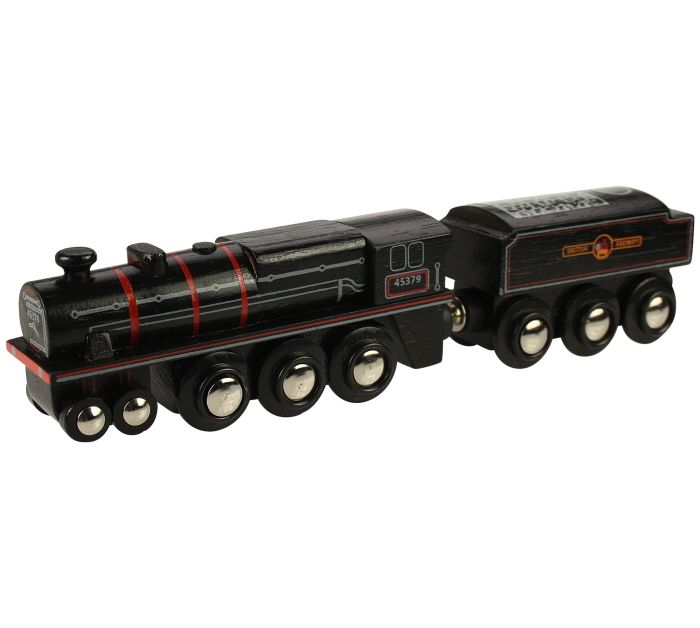 Black wooden replica of the Black 5 Engine with matching coal wagon. and magnetic fastening. Marked with engine number 45379 and British Railway logo on wagon.