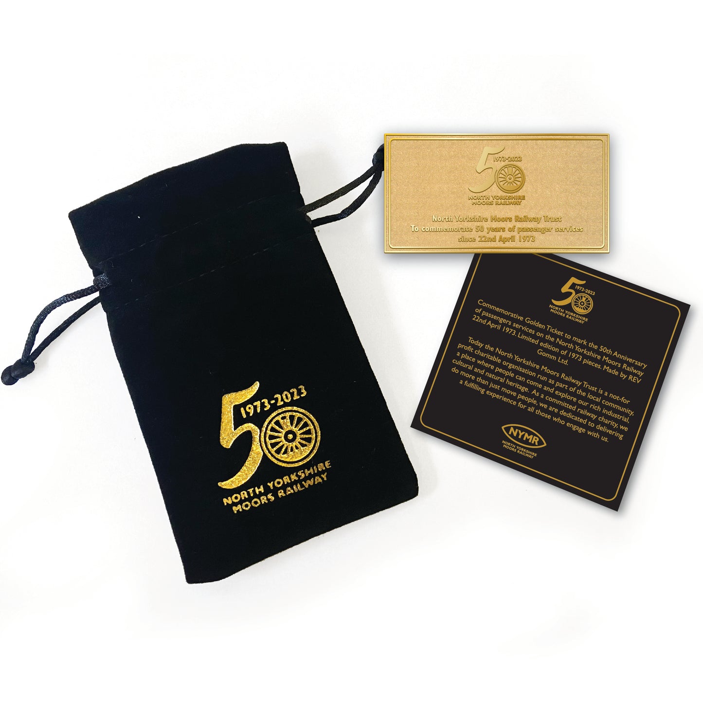 A golden metal ticket with black velvet pull string pouch and information card in matching colours