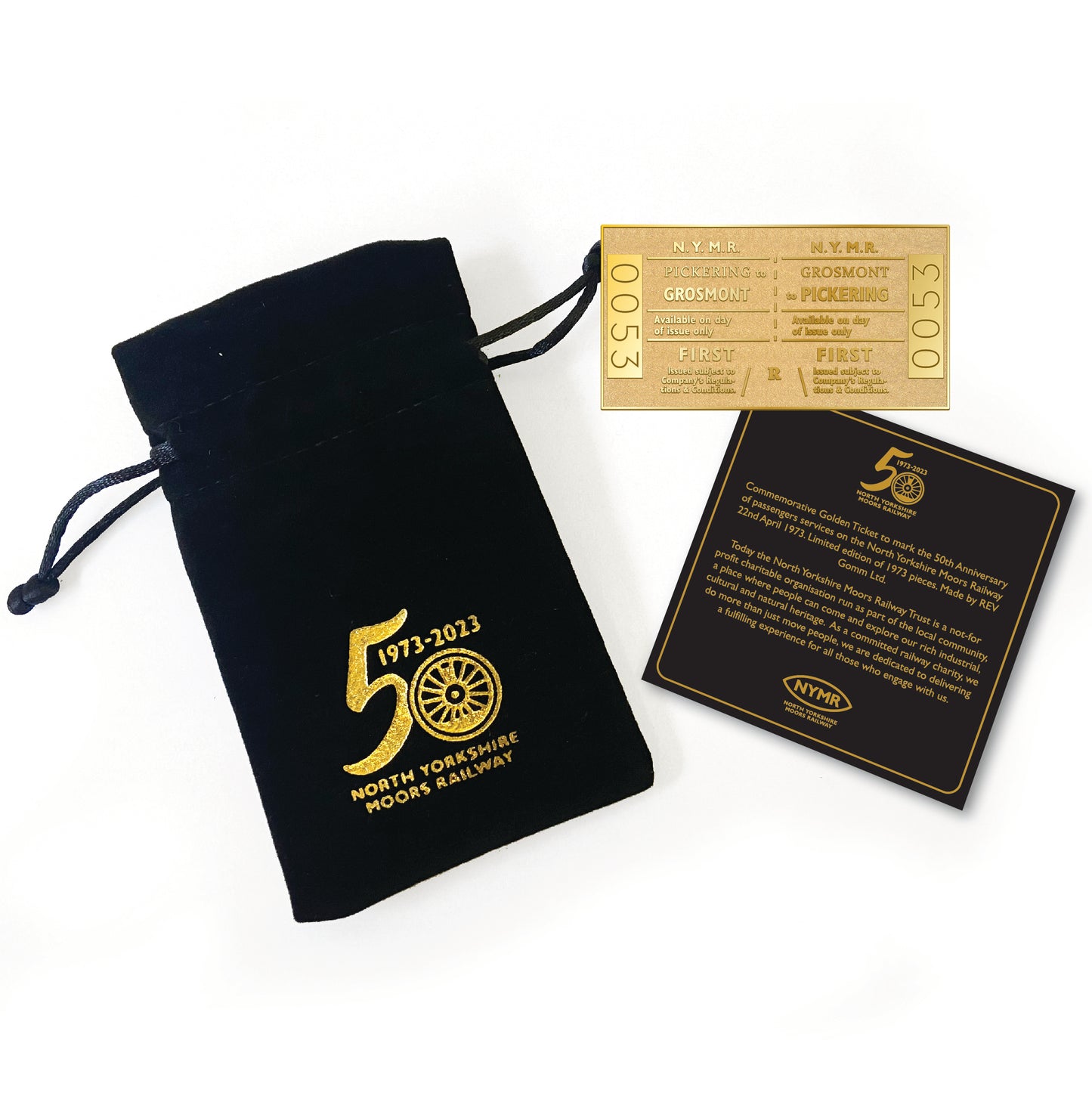 A golden metal ticket with black velvet pull string pouch and information card in matching colours