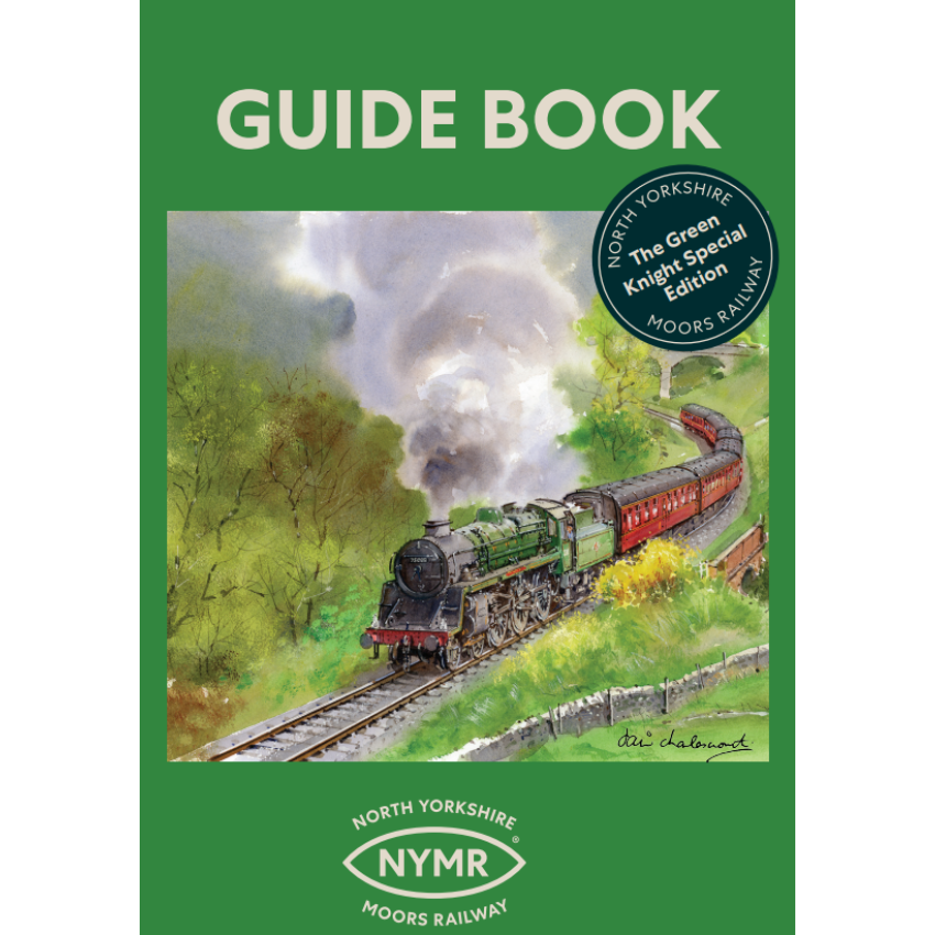A green guide book cover with the illustrated image of Green Knight at Darnholm on the NYMR