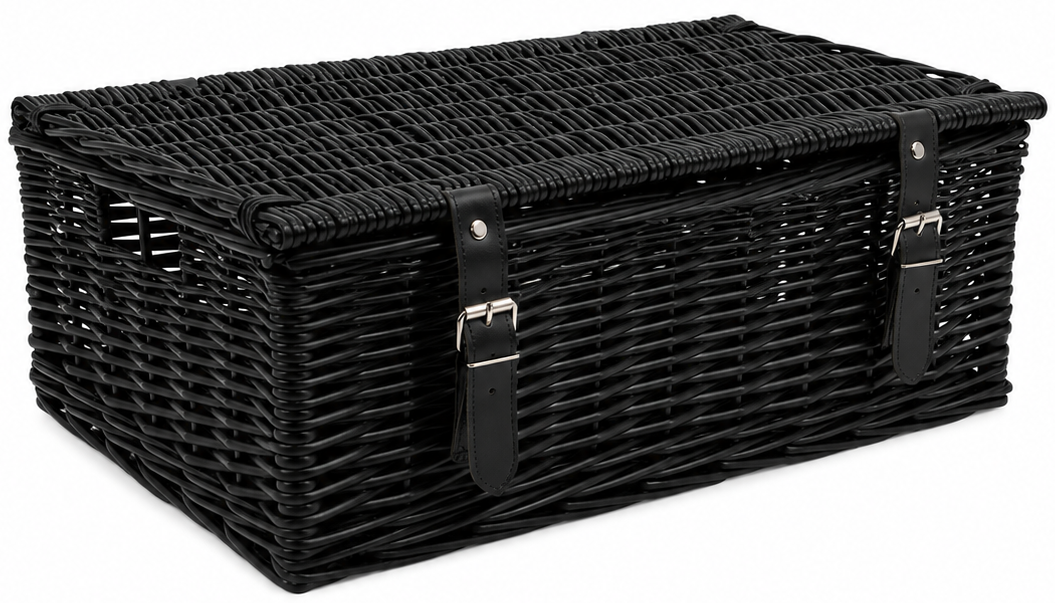 A black woven wicker storage basket with a hinged lid and two black strap buckles, shown on a plain white background.
