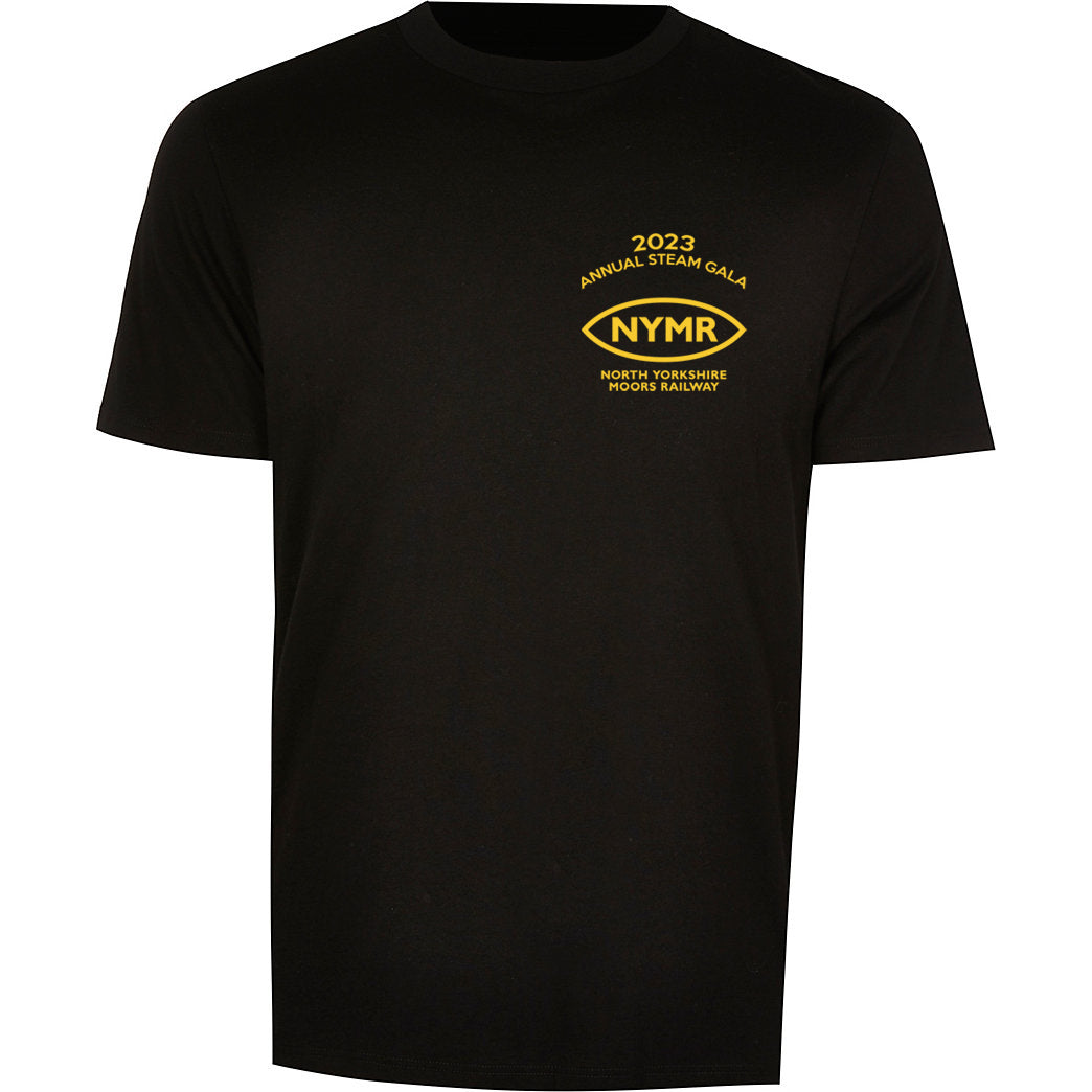 Front view of the T-Shirt in black with golden coloured print front left pocket with the year and NYMR logo.