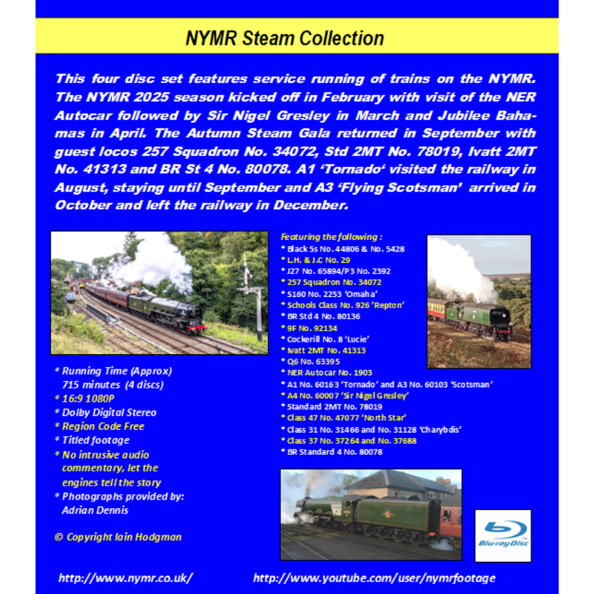 Blu Ray cover for NYMR Steam Collection featuring text and images of trains - back view.