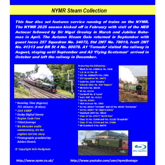 Blu Ray cover for NYMR Steam Collection featuring text and images of trains - back view.
