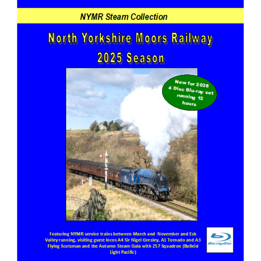 Front cover of the Blu Ray for North Yorkshire Moors Railway 2025 Season with a steam train on a blue background.
