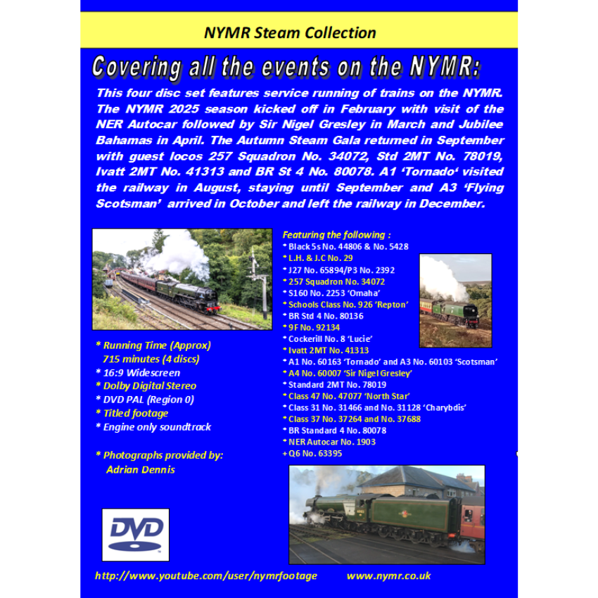 Back cover for NYMR Steam Collection DVD set with text and images of trains on a blue background