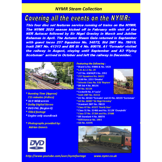 Back cover for NYMR Steam Collection DVD set with text and images of trains on a blue background