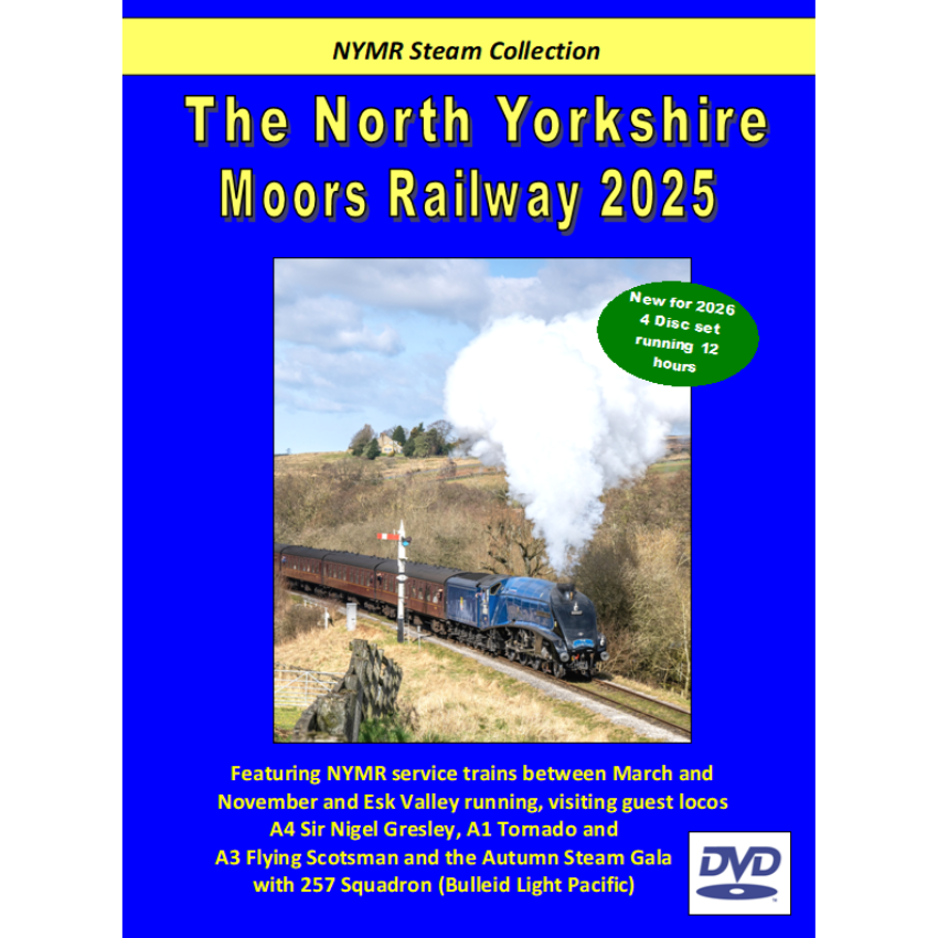 DVD front cover of 'The North Yorkshire Moors Railway 2025' with a steam train image and blue border.