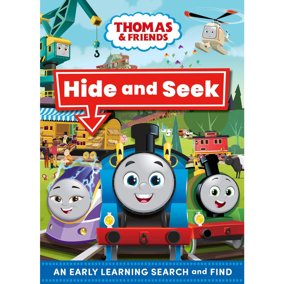 Book cover of 'Hide and Seek' from Thomas & Friends with cartoon trains and characters.