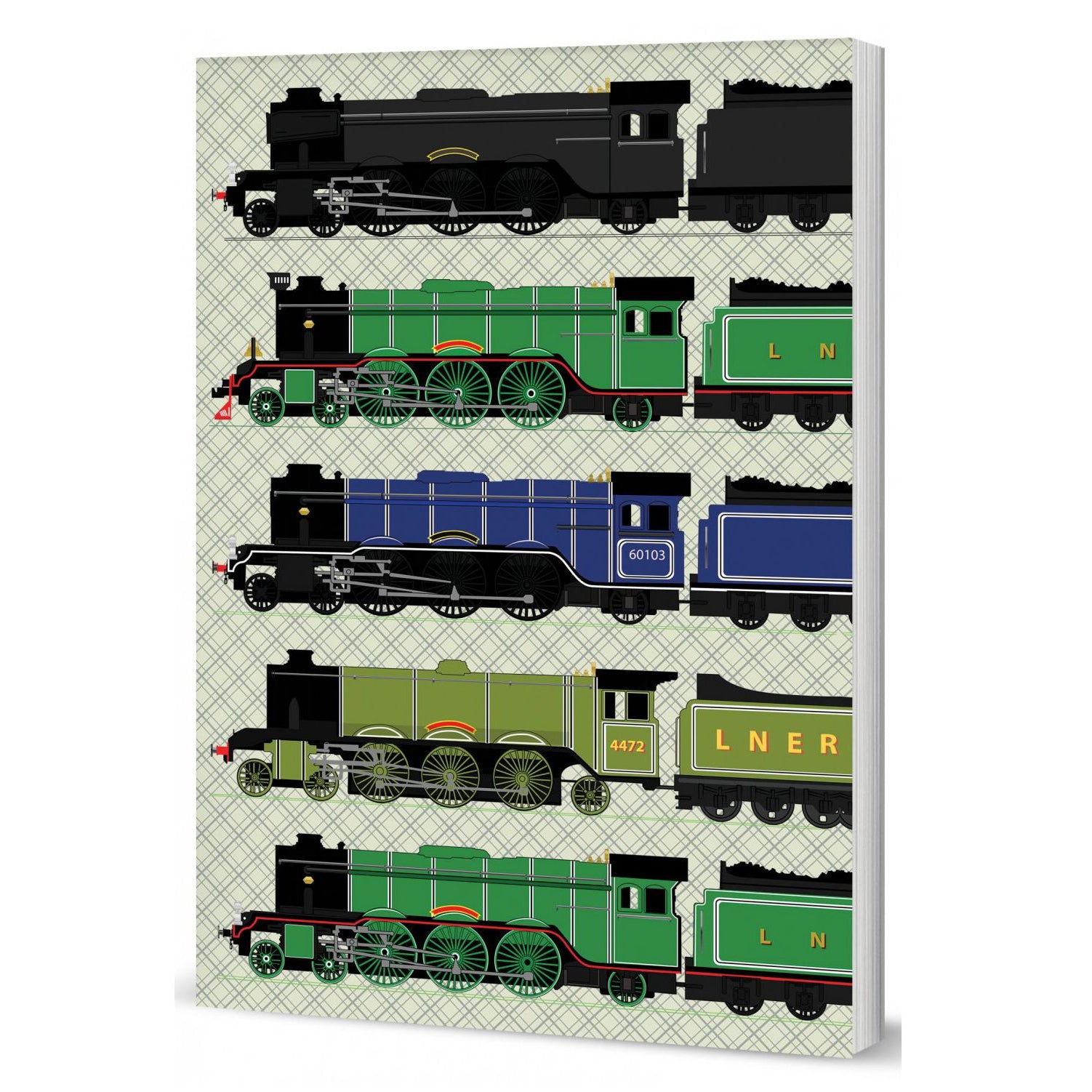 The front cover of the notebook showing 5 different illustrations of the Flying Scotsman in 5 different liveries.