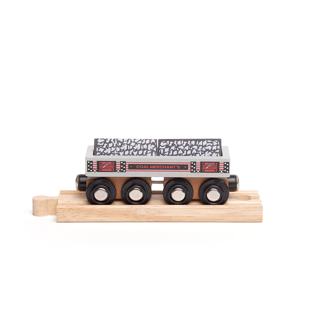 a wooden painted wagon in grey with removable wooden painted chunks of coal, on a piece of wooden track.