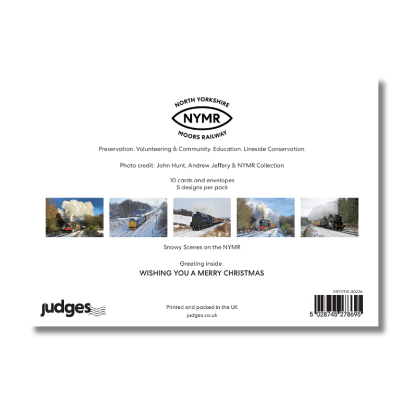 The back of a Judges North Yorkshire NYMR Moors Railway themed Christmas card pack, featuring product details, five scenic photographs of steam trains on snowy landscapes, and a barcode.