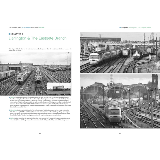 A two-page spread showing Chapter 5 Darlington & The Eastgate Branch with text and 3 black and white images.