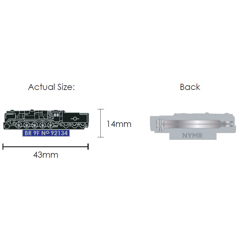 Close up showing front and back views of the badge with brooch fastening and measurements 43mm across and 14mm high.