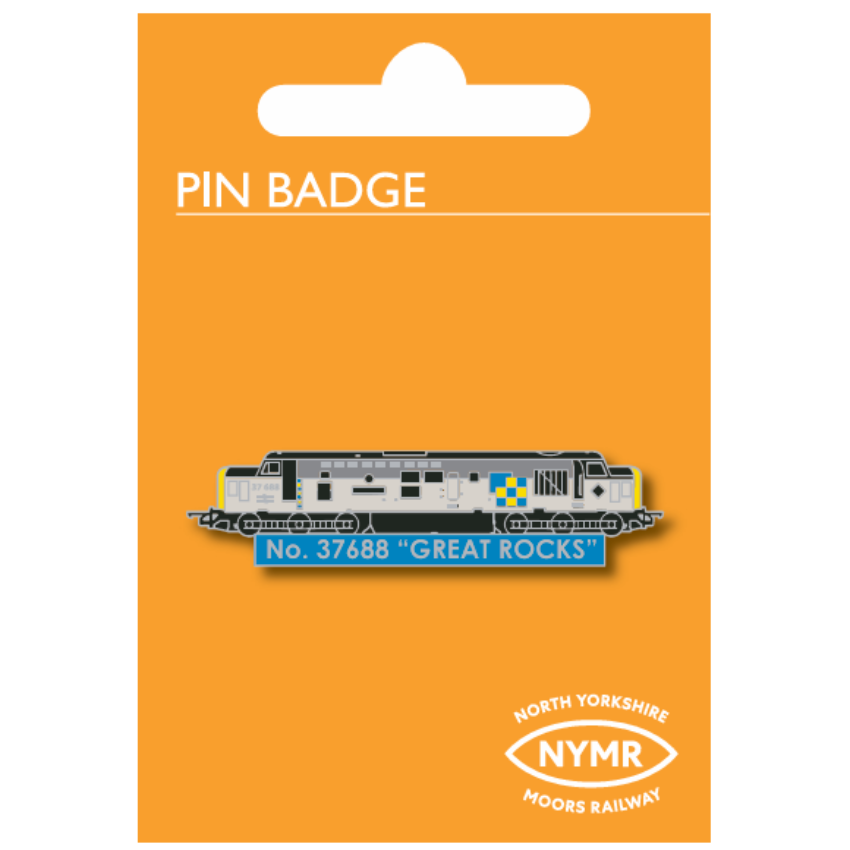 A North Yorkshire Moors Railway pin badge of locomotive No. 37688 'Great Rocks' on its original orange display card.