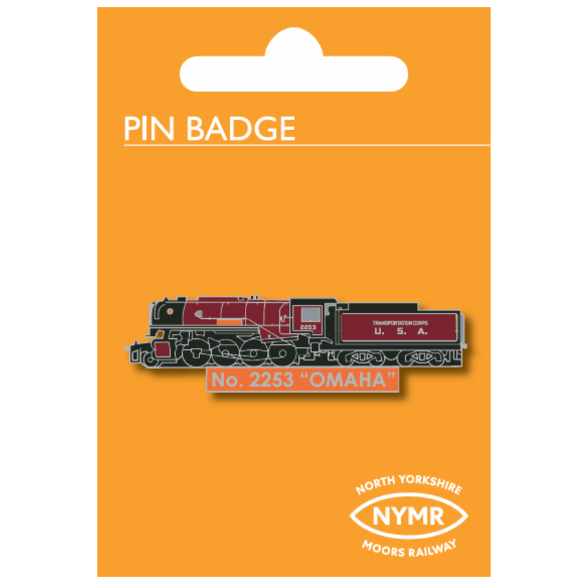 A North Yorkshire Moors Railway pin badge of locomotive No. 2253 'Omaha' on its original orange cardboard backing card.