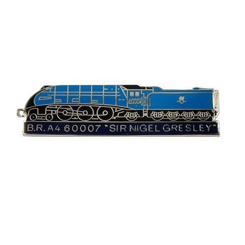 A brooch style badge in silver coloured metal with blue enamel for the locomotive, black for the wheels and navy blue for the nameplate.