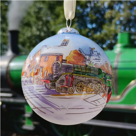Glass bauble showing a hand painted locomotive at Grosmont, with a locomotive in the background.