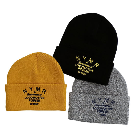 The three different colours of beanie hat with embroidered design on the front fold of the hat.